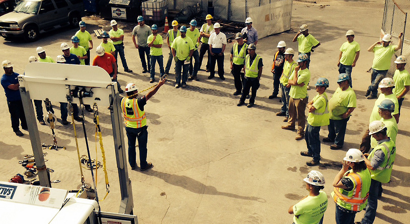 Nearly 50 workers gathered for a Stand-Down in Wisconsin where an OSHA representative and a safety company provided demonstrations and information to workers on how to correctly use fall protection equipment.