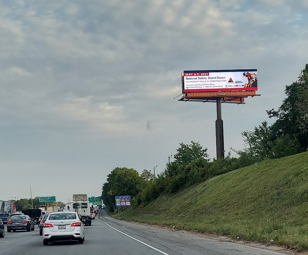 Digital billboard for National Safety Stand-Down to prevent falls in construction next to a highway outside Atlanta Georgia