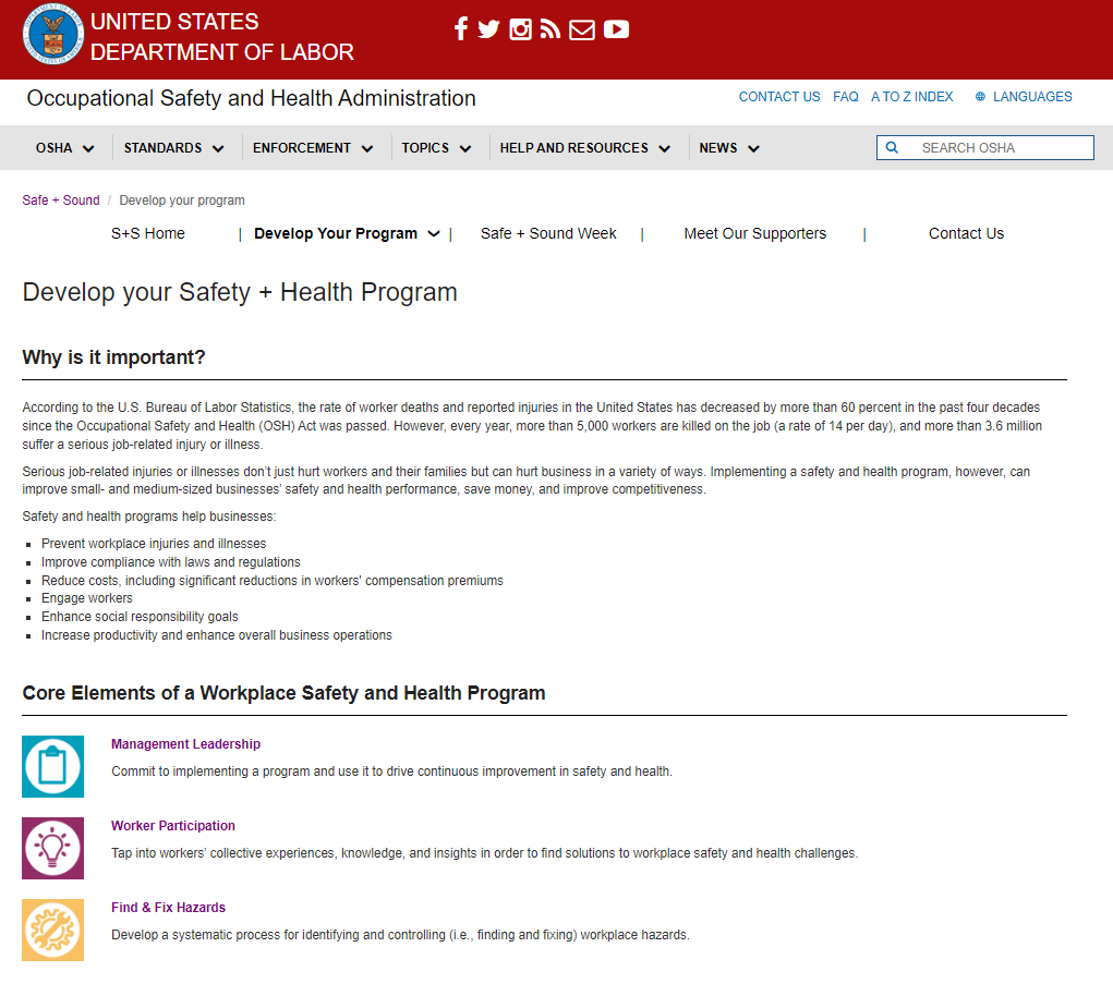 Develop your Safety + Health Program web page