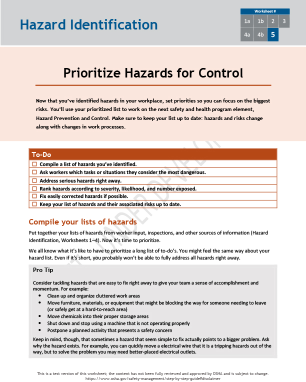 Prioritize hazards for control