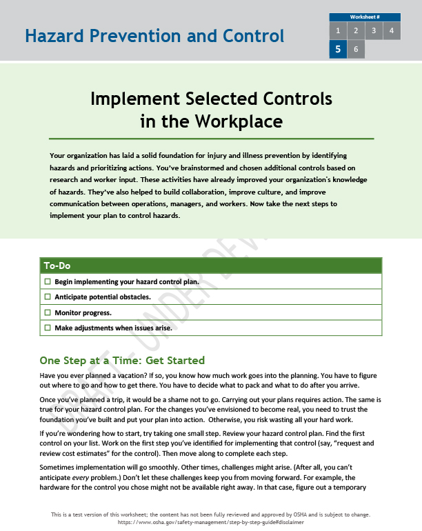 Implement selected controls in the workplace