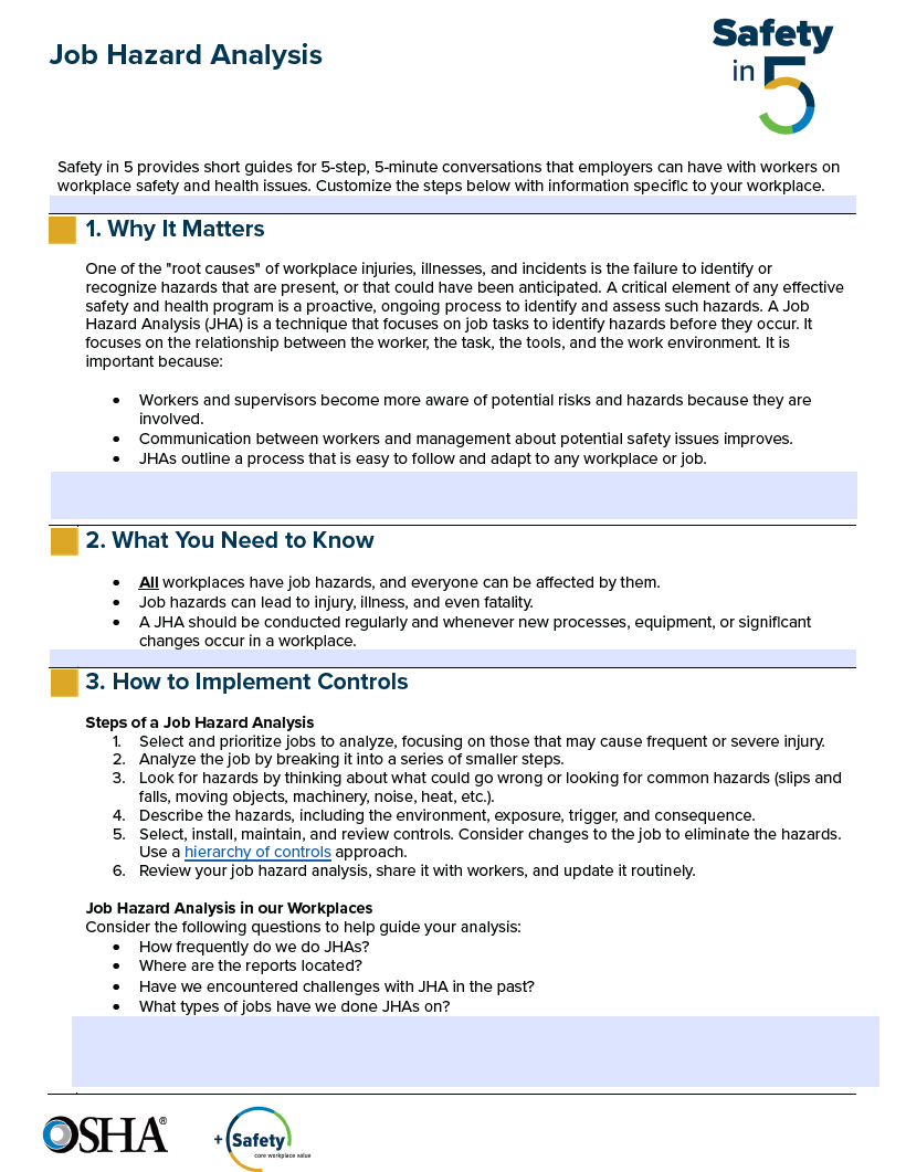 Safety in 5 – Job Hazard Analysis