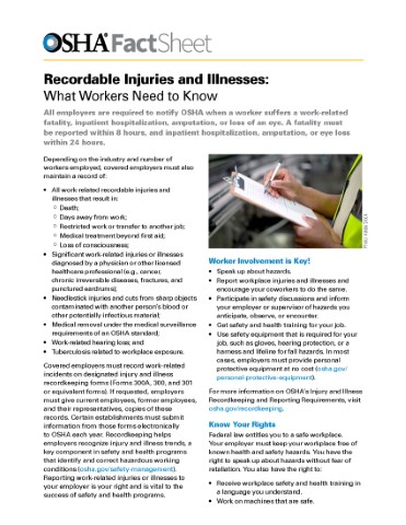 Recordkeeping: Recordable Injuries and Illnesses: What Workers Need to Know Fact Sheet