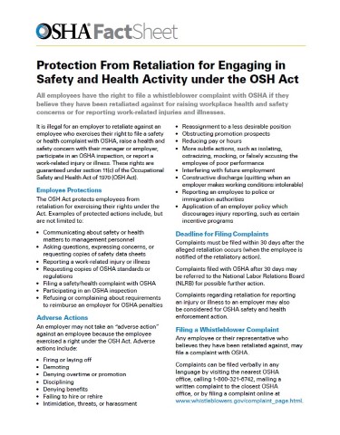 Whistleblower: Protection From Retaliation for Engaging in Safety and Health Activity under the OSH Act Fact Sheet