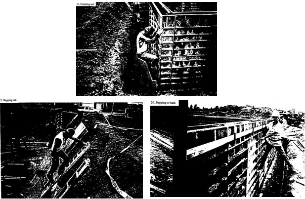 Photographs indicating  workers using aluminum forms as a means of egress from trench excavations in different manners.