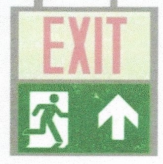 Picture 4 - proposed sign containing arrows combined with the ISO 7010 moving person symbol - does not meet requirements in NFPA 170