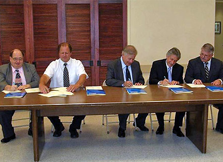 2006 OSP Resigning (Signatories from left to right): Philip M. Peist, Area Director of OSHA's Parsippany Area Office; Gary W. Roskoski, Area Director of OSHA's Marlton Area Office; Joseph V. Egan, Business Manager of IBEW Local 456; Leonard Katz, Assistant Commissioner of Labor Standards and Safety Enforcement, New Jersey Department of Labor and Workforce Development; and Harry Sassaman, President of Northern NJ Chapter, NECA.