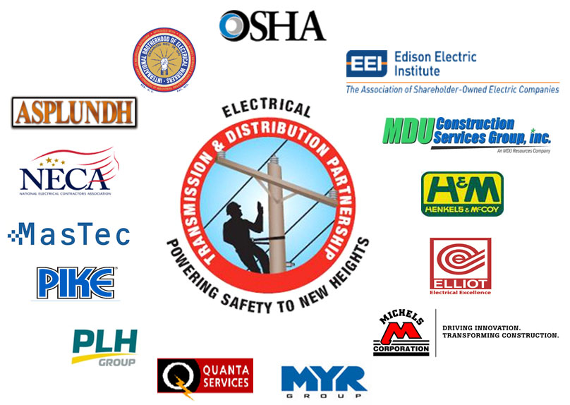 his includes the folowing logos: OSHA, Edison Electric Institute, MDU Construction Services Group, Inc., Henkels and McCoy, Elliot Electrical Excellence, Michels Corporation, MYR Group, Quanta Services PLH Group, Pike, Mastec, National Electrical Contractors Association (NECA), ASPLUNDH, International Brotherhood of Electrical Workers, and The Electrical Transmission and Distribution Construction Contractors" title="This includes the folowing logos: OSHA, Edison Electric Institute, MDU Construction Services Group, Inc., Henkels and McCoy, Elliot Electrical Excellence, Michels Corporation, MYR Group, Quanta Services PLH Group, Pike, Mastec, National Electrical Contractors Association (NECA), ASPLUNDH, International Brotherhood of Electrical Workers, and The Electrical Transmission and Distribution Construction Contractors