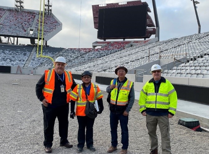 From left to right: Consultation’s Stewart Migdal, Mary Sawasaki, Aston Ling, and Mike Martinka at Clark Construction’s Snapdragon Football Stadium Project in San Diego.