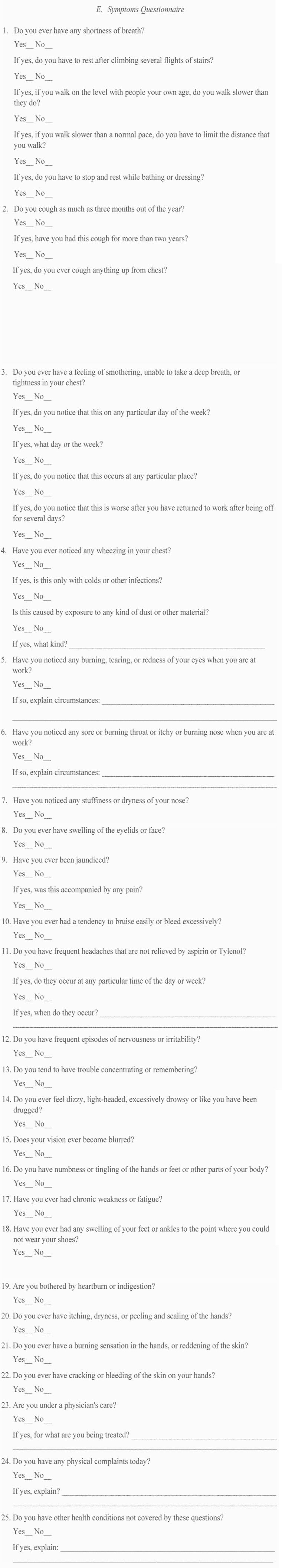 E. Symptoms Questionaire