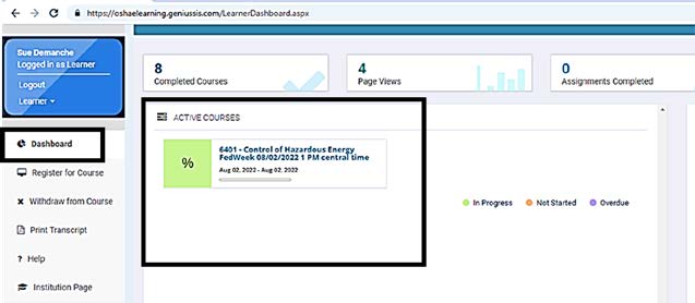 OSHA eLearning dashboard showing active courses