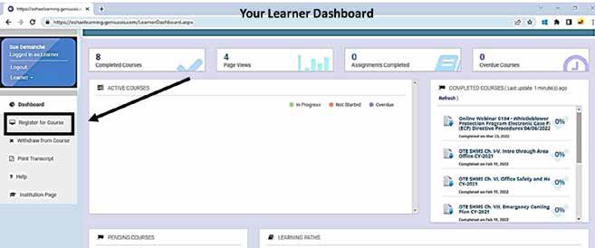 OSHA eLearning dashboard with registration highlighted