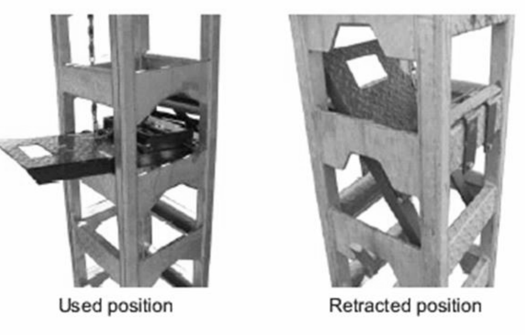 Automatically retractable rest platform on support tower of work platform used in combination with self-retracting lifeline showing 2 views: rest platform folded out in used position and in retracted position.