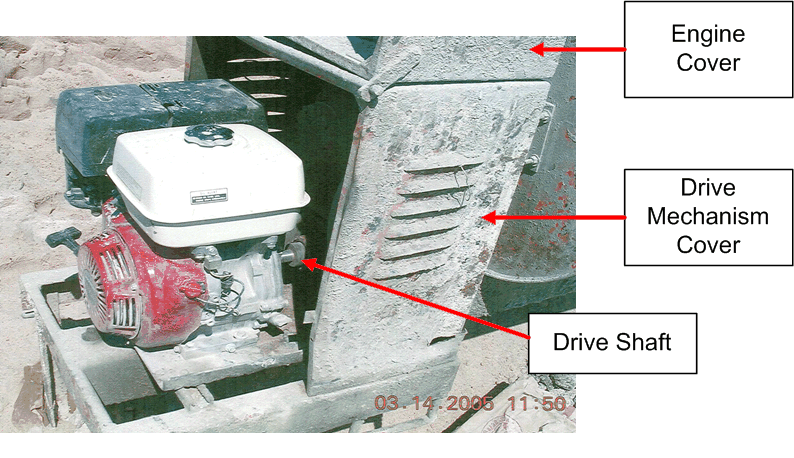 Figure 1 - Portable Concrete Mixer Engine, showing Engine Cover, Drive Mechanism Cover, and Drive Shaft.