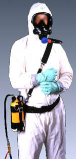 Figure 28: Worker wearing airline respirator with emergency escape air cylinder.