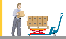 A palletizer on a pallet jack lifts the load to a convenient level