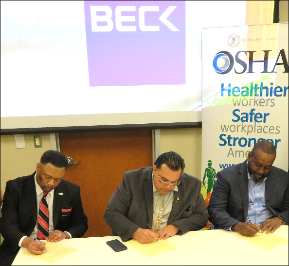 Timothy Minor, OSHA’s Fort Worth Area Office director, Basil Singh, OSHA’s Dallas Area Office director and Gradlin Franks The Beck Group director of diversity and Inclusion, sign a 2-year alliance to promote understanding of workplace safety and health rights and responsibilities.