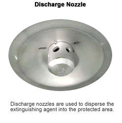 Discharge nozzle: Discharge nozzles are used to dispense the extinguishing agent into the protected area.