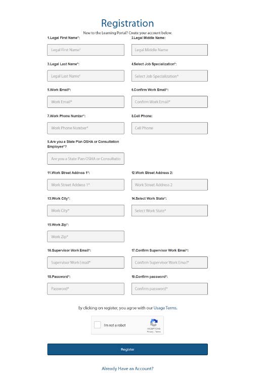 OSHA eLearning registration form