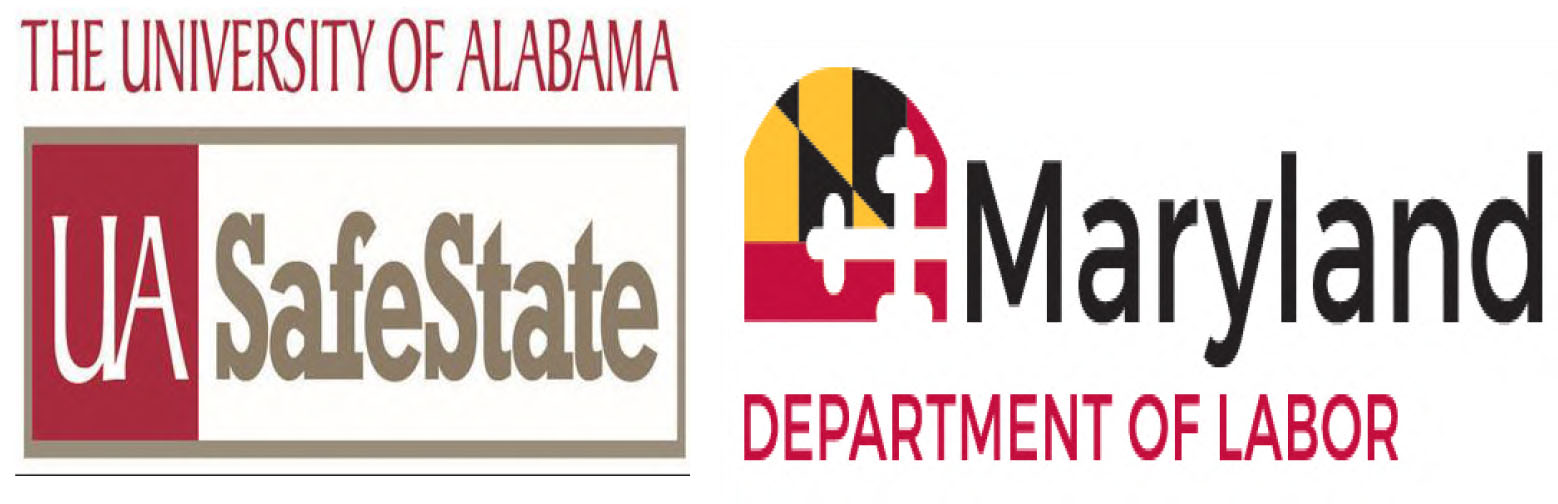 The University of Alabama UA Safe State and Maryland Department of Labor Logos