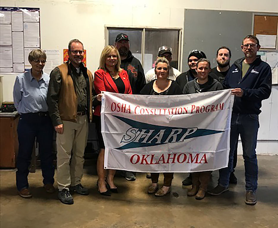 Left to Right: Debra Hankins-Employee Health and Safety Director, Matt Parrish-President, Leslie Osborn-OK Department of Labor Commissioner, Darrol Bonniksen, Melissa Root, Dakota Roberts, Daniel Pacula, Lace Starzmann, Eli Parrish, Robert Coulter