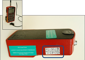 Noise Dosimeter with Calibration Sticker circled/highlighted.