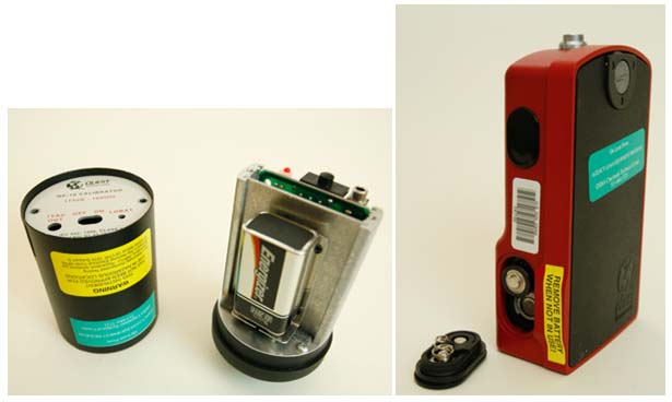 Photographs showing dosimeters battery compartments open with/without batteries.