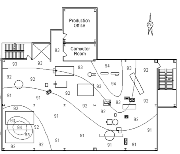 Illustration of Noise Contour Map. Includes a production office and computer room as well as a stairwell.