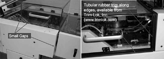 Photographs of machine guarding and acoustical benefits. Left photograph includes labels for small gaps and right picture includes labels for tubular rubber trim along edges, available from Tim-Lock, Inc.