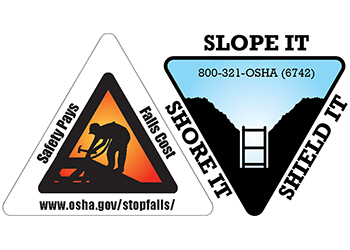 Graphics reading: Safety Pays - Falls Cost - www.osha.gov/stopfalls/ and Slope It. Shore It. Shield It. 800-321-OSHA (6752).