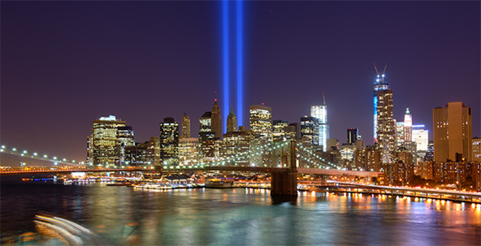 Night view of the Tribute in Light 9/11 memorial in New York City.