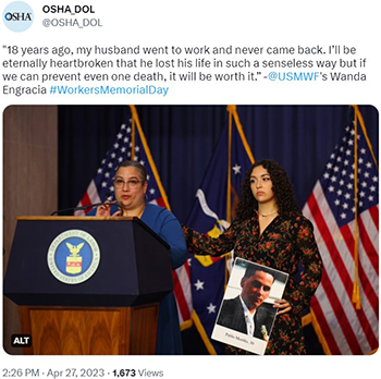 Wanda Engracia speaks at a podium. Her 18-year-old daughter Samatha stands beside her, holding a photo of her deceased father, with a hand on her mother's shoulder.