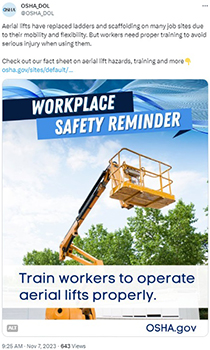 Aerial lifts have replaced ladders and scaffolding on many job sites due to their mobility and flexibility. But workers need proper training to avoid serious injury when using them. Check out our fact sheet on aerial lift hazards, training and more