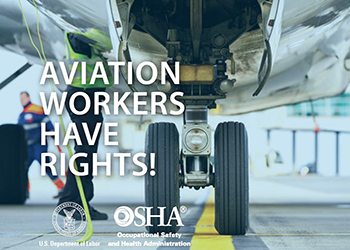 Close up of plane landing gear. Text: Aviation workers have rights!