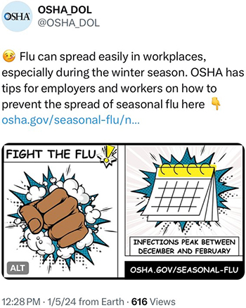 Flue can spread easily in workplaces, especially during the winter season. OSHA has tips for employers and workers on how to prevent the spread of seasonal flue here osha.gov/seasonal-flu