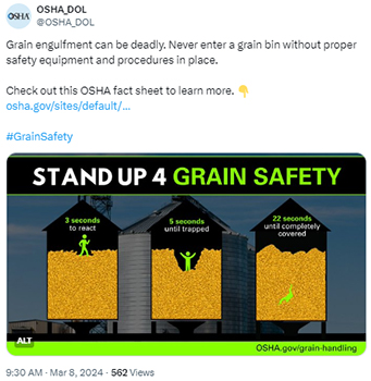 Grain engulfment can be deadly. Never enter a grain bin without proper safety equipment and procedures in place