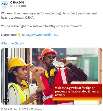 Two workers wearing hardhats stand outside, one drinking from a water bottle. Visit OSHA.gov/heat for tips on preventing heat-related illnesses at work. 