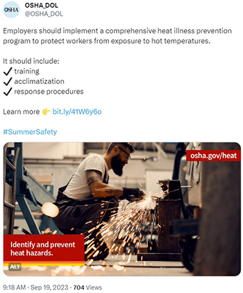 Employers should implement a comprehensive heat illness prevention program to protect workers from exposure to hot temperatures.It should include: ✔️ training ✔️ acclimatization ✔️ response procedures