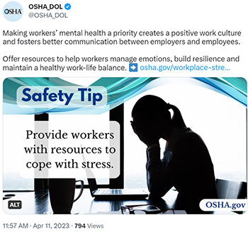 Silhouette of a woman with her head in her hands, sitting in front of an open laptop, mug and glasses. Safety Tip: Provide workers access to coping and resiliency resources.
                    osha.gov