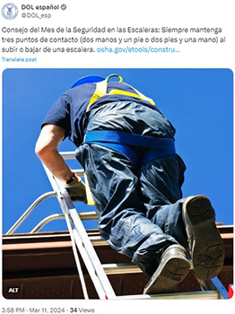 Consejo del Mes de la Seguridad en las Escaleras: Siempre mantenga tres puntos de contacto (dos manos y un pie o dos pies y una mano) al subir o bajar de una escalera