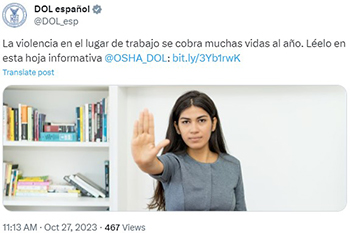 La violencia en el lugar de trabajo se cobra muchas vidas al año. Léelo en esta hoja informativa @OSHA_DOL : https://bit.ly/3Yb1rwK