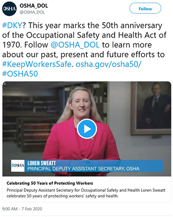 #DKY? This year marks the 50th anniversary of the Occupational Safety and Health Act of 1970. Follow @OSHA_DOL to learn more about our past, present and future efforts to #KeepWorkersSafe. osha.gov/osha50/ #OSHA50