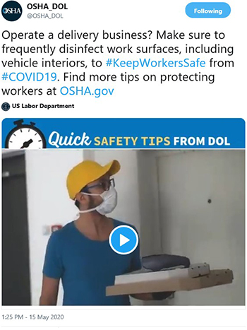 Operate a delivery business? Make sure to frequently disinfect work surfaces, including vehicle interiors, to #KeepWorkersSafe from #COVID19. Find more tips on protecting workers at OSHA.gov