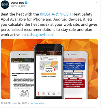 Beat the heat with the @OSHA-@NIOSH Heat Safety App! Available for iPhone and Android devices, it lets you calculate the heat index at your work site, and gives personalized recommendations to stay safe and plan work activities: https://osha.gov/heat/