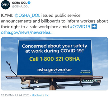 ICYMI: 
@OSHA_DOL issued public service announcements and billboards to inform workers about their right to a safe workplace amid #COVID19