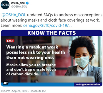 @OSHA_DOL updated FAQs to address misconceptions about wearing masks and cloth face coverings at work. Learn more.